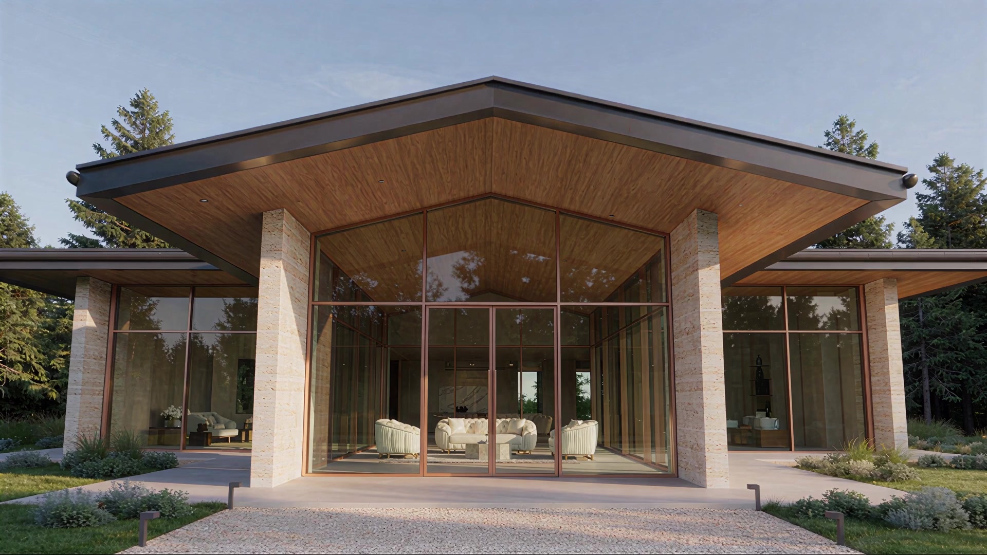 Imagined glass showroom with furniture visible through the entrance