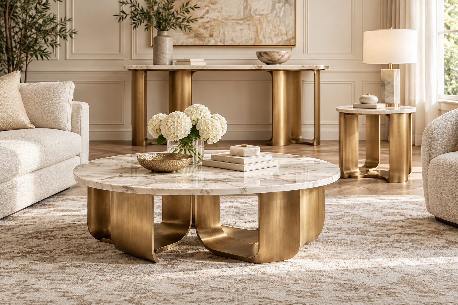 Ivory and champagne-gold coffee table, end table and console in an elegant living room.